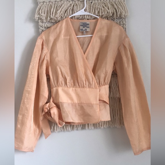 Baum Und Pferdgarten Tops - Baum Und Pfergarten Dessin Belted Long Sleeve Organza Tie Waist Blouse Peach 4